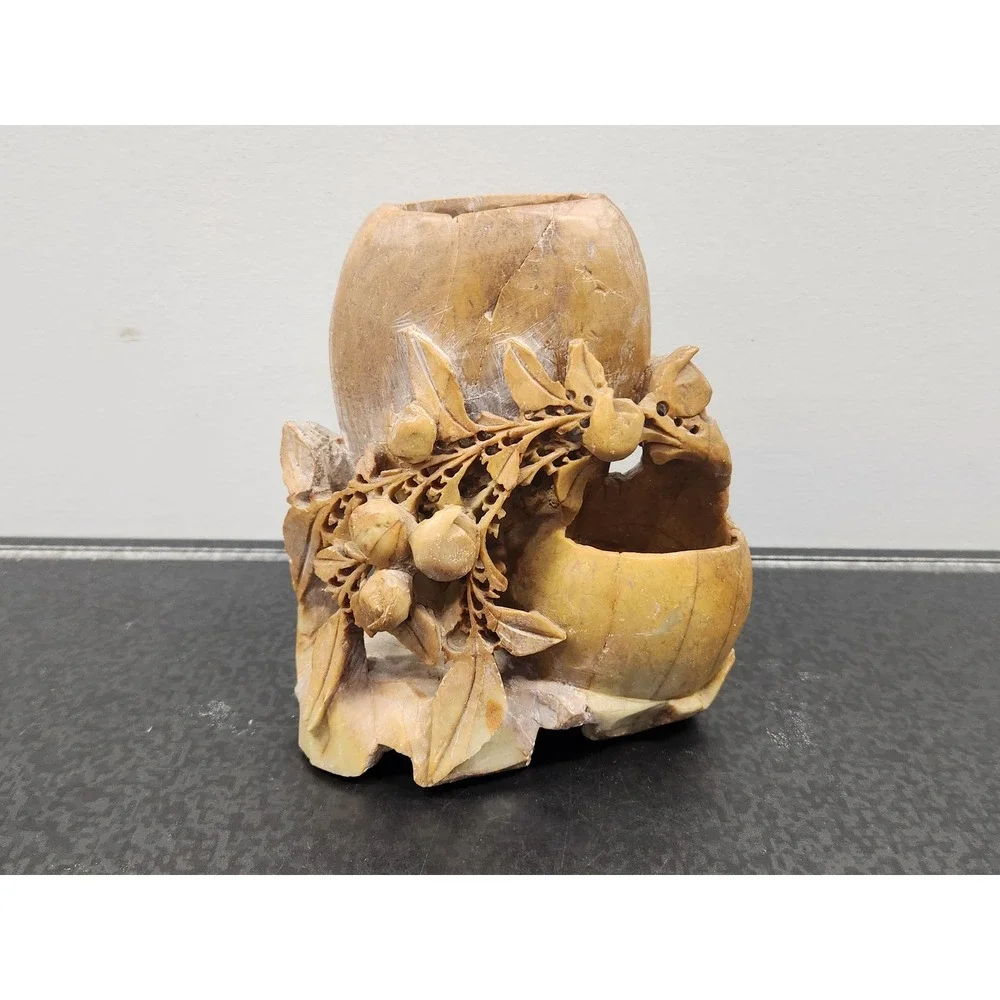Carved Soapstone Chinese Floral Vase Carving Tan Floral Fruit Vintage Twin Vase